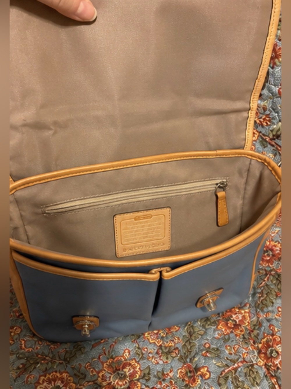 Coach Colorblock Leather Messenger Bag - Coral, Blue & Tan Trim - Picture 4 of 6